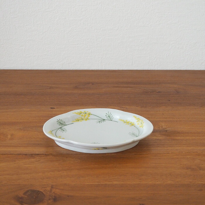 徳永遊心窯　色絵ミモザ　鍔型皿　小