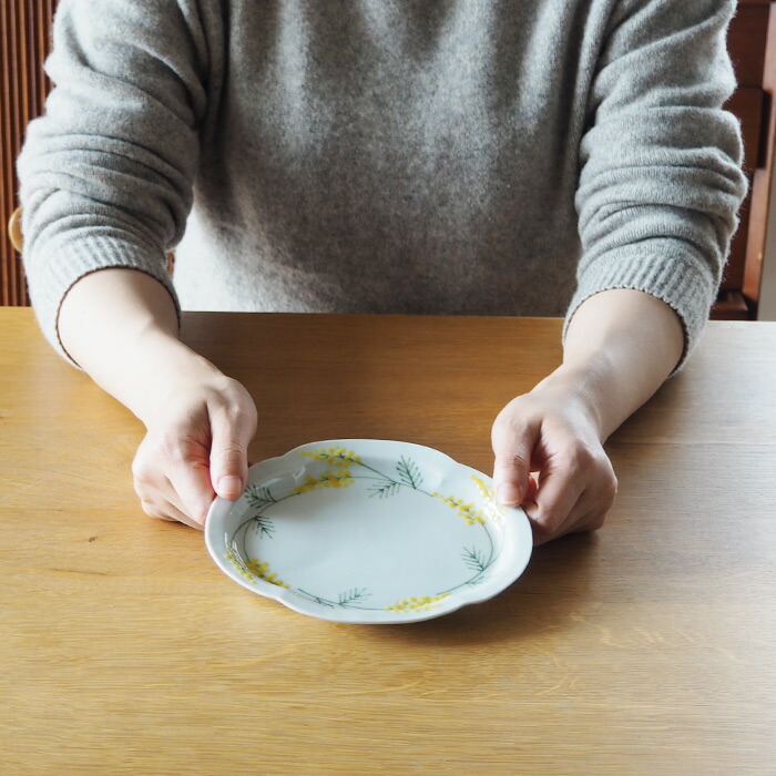 徳永遊心窯　色絵ミモザ　鍔型皿　小