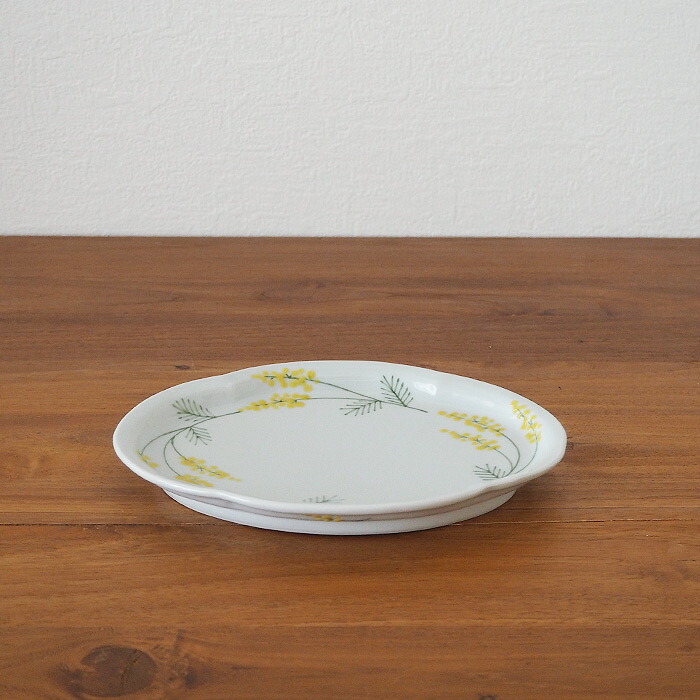 徳永遊心窯　色絵ミモザ　鍔型皿　中