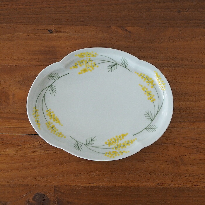 徳永遊心窯　色絵ミモザ　鍔型皿　大