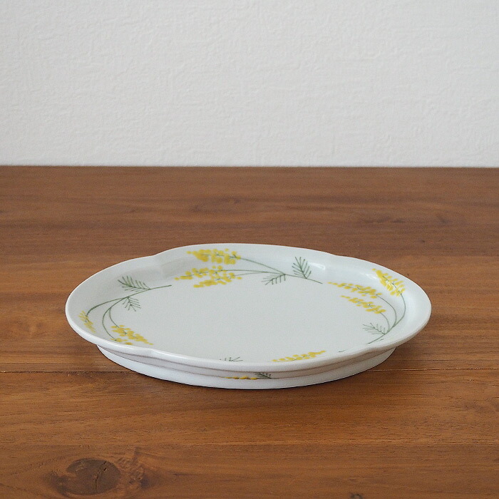 徳永遊心窯　色絵ミモザ　鍔型皿　大