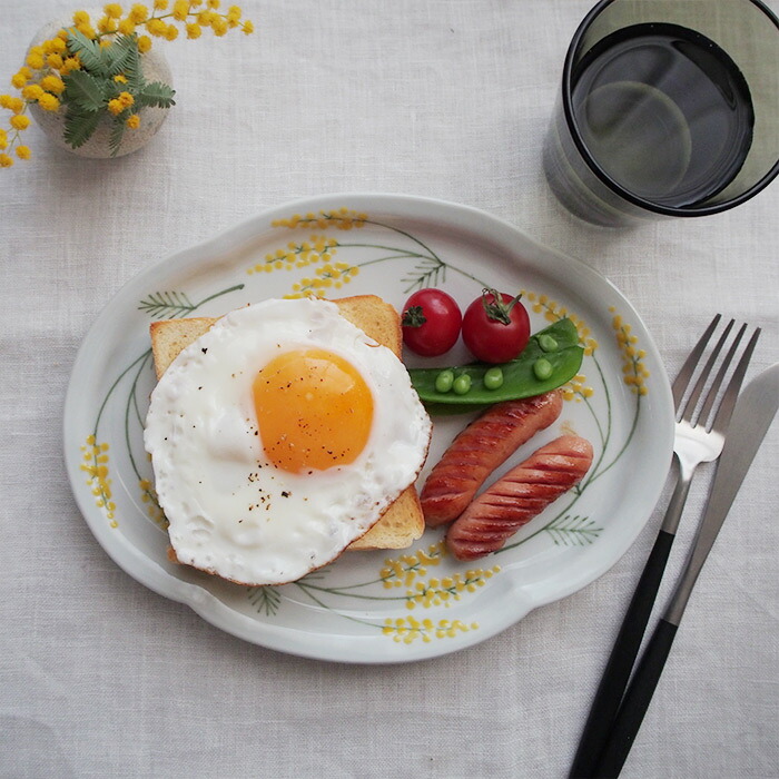 徳永遊心窯　色絵ミモザ　鍔型皿　大