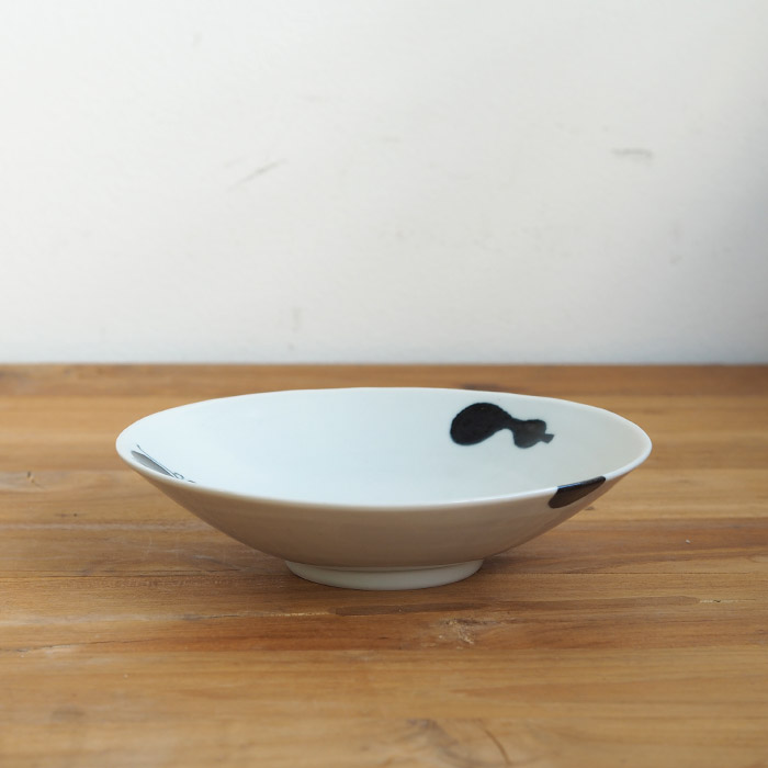 徳永遊心窯　黒呉須　印判　ひょうたん　楕円浅鉢