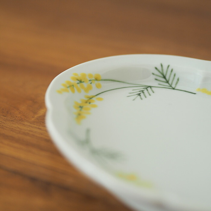 徳永遊心窯　色絵ミモザ　鍔型皿　小